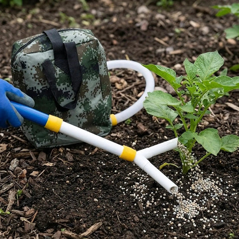 Backpack Manual Spreader Dispenser For Farming 20L Capacity With Bag next to plant, showing fertilizer distribution