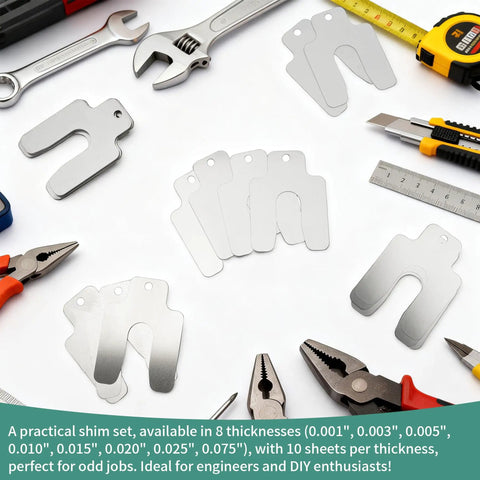 Top Tier 80 Piece 2X2 Inch 304 Stainless Steel Slotted Shims Kit Size A with various thicknesses and tools laid out.