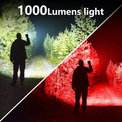 Silhouette using 2 Pack 1000 Lumen EDC Keychain Flashlight With COB Work Light in forest, showing bright white and red light modes.
