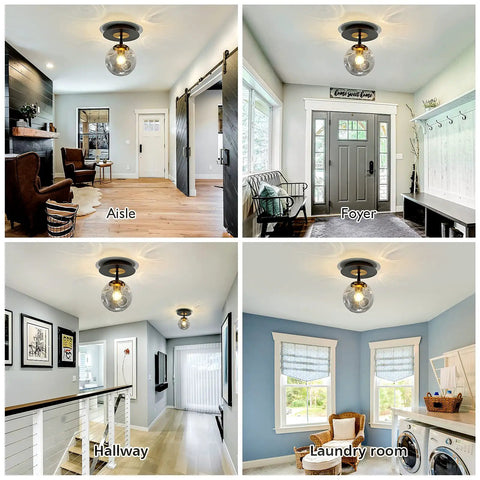 Sleek 1 Light Mini Glass Globe Ceiling Light In Black Finish Semi Flush Mount For Hallways Porches Aisles Stairways And Closets Hardwired Fixture With E26 Socket Up To 60W Bulbs Dimmable With Dimmer Modern Lit Glow installed in different house areas.