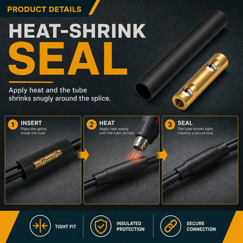 Hot Wire Underground Splice Kit With Heat Shrink Tubes Fixes 14-8 AWG UF Cable Directly Burial Rated Safe At 600V For Outdoor And Landscape Lighting Repair Jobs Done Right. heat-shrink seal on black splice tube and brass connector