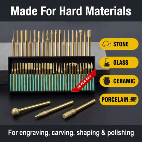 30 Piece Diamond Rotary Tool Bits Set Pro Grade For Engraving And Carving 120 Grit Burrs One Eighth Inch Shank Dremel