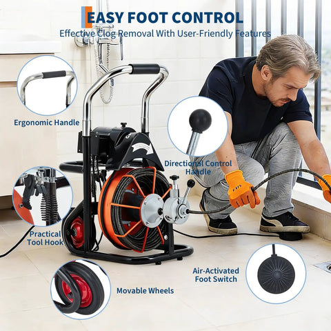 Heavy Duty Auto Feed Drain Auger With 100 Foot Cable And Air Activated Foot Switch displayed in use, ergonomic design and features highlighted.
