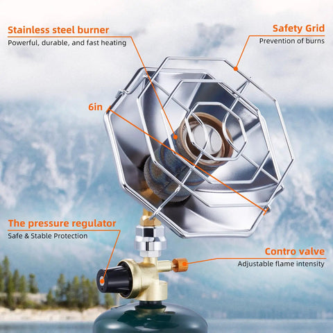 Close-up of 6200 BTU Portable Propane Camping Heater with radiant burner, adjustable flame, on 1 lb propane tank outdoors.
