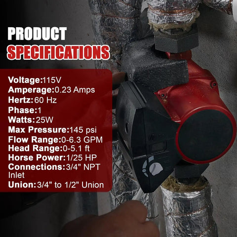 Straight Up Replace Grundfos Hot Water Circulator Pump Up15 10Su7P TLC 115 Volt 25 Watt Heavy Duty Hydronic Pump specifications on wall.