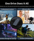 2TB Portable SSD Ultra Fast With Beast Speeds 2050 MB Per Second USB 3.2 Gen2 Type C External Solid State Drive IP68 Water And Dust Resistant, Shockproof For Cameras, Smart TV, iPhone 16 And 15, Windows, Mac And Other Devices shown with diverse usage in gaming, outdoors, and office work.