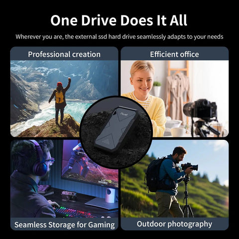 2TB Portable SSD Ultra Fast With Beast Speeds 2050 MB Per Second USB 3.2 Gen2 Type C External Solid State Drive IP68 Water And Dust Resistant, Shockproof For Cameras, Smart TV, iPhone 16 And 15, Windows, Mac And Other Devices shown with diverse usage in gaming, outdoors, and office work.