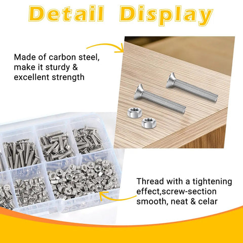 Detail display of M3 Flat Head Screws And Hex Nut Kit Carbon Steel Countersunk Phillips Bolts Set with components visible