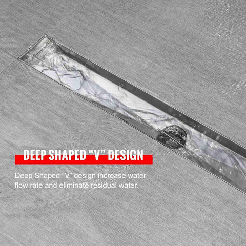 24 Inch Linear Shower Drain Kit With Invisible Tile Insert And Flat Cover, Brushed 304 Stainless Steel, showing water flow.