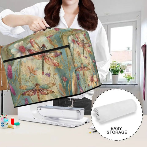 Dragonfly Flowers Sewing Machine Dust Cover With Pockets And Accessories Organizer, displayed protecting a sewing machine.
