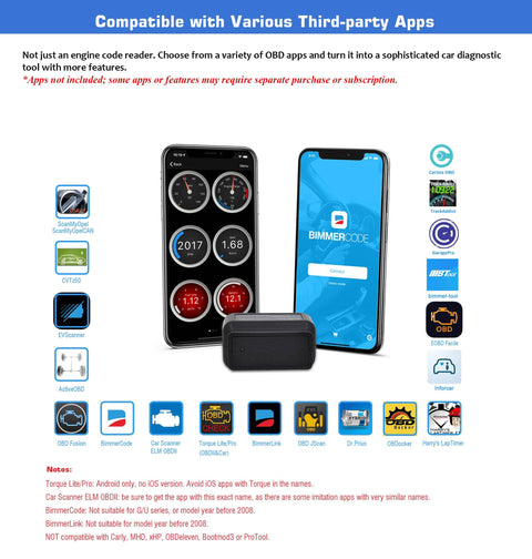 OBD II Bluetooth Scanner With BLE For iOS And Android, Plug N Play Wireless Car Diagnostic Tool displayed with app screens