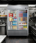 Fire Heavy Duty 49 Cubic Foot Commercial Display Refrigerator With 54 Inch Swing Glass Door showcasing various beverages and products.