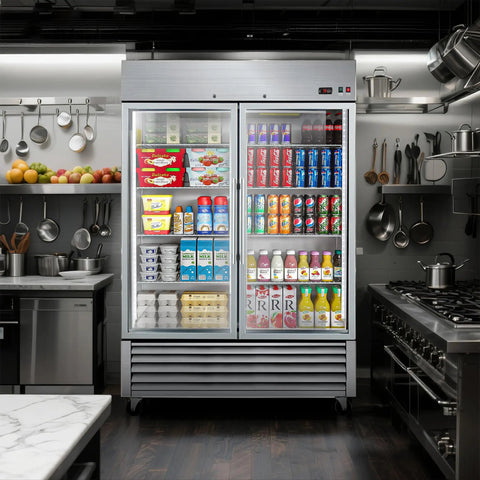 Fire Heavy Duty 49 Cubic Foot Commercial Display Refrigerator With 54 Inch Swing Glass Door showcasing various beverages and products.