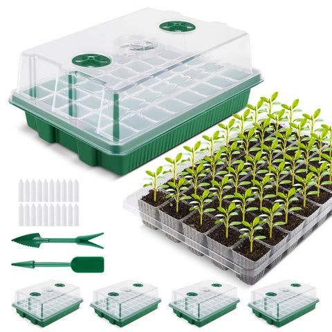 Ultra Thick 160 Cell Seed Starter Tray Kit With Humidity Dome For Greenhouse Germination BPA Free 1.0mm Seedling Trays Reusable And Durable 4 Pack For Home Gardeners, showcasing green base and clear dome with sprouts.