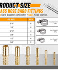 Image showing Brass Hose Barb Fittings Kit with 26pcs barb splicer mender fittings and 52pcs stainless steel hose clamps, sizes detailed.