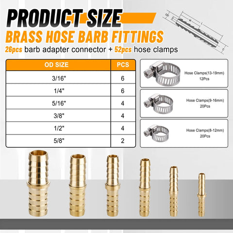 Image showing Brass Hose Barb Fittings Kit with 26pcs barb splicer mender fittings and 52pcs stainless steel hose clamps, sizes detailed.