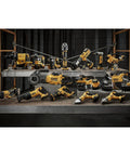 Heavy Duty U Type Aluminum Die Kit For 8 To 350 Mcm Electrical Wire Crimping Tool Attachments With Ul Certified Color Coded Markings And Field Tested Imprint Design Pro Model displayed among various DEWALT power tools on a workbench.