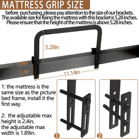 Heavy Duty Mattress Retainer Bar Two Piece Kit For Steel Bed Frames And Adjustable Bases Stops Slippage Dead In Its Tracks On RV Sleepers, size dimensions displayed.