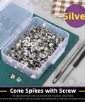 Top Shelf Silver Cone Spikes And Studs Hardware Kit Includes Hole Punch And Screwdriver For Custom Leather Craft Clothing Shoe Embellishments And Badass Accents, clear view of spikes kit in box.