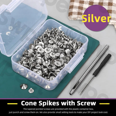 Top Shelf Silver Cone Spikes And Studs Hardware Kit Includes Hole Punch And Screwdriver For Custom Leather Craft Clothing Shoe Embellishments And Badass Accents, clear view of spikes kit in box.