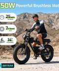 Man riding R7 Electric Bike For Adults With 750W Motor Top Speed 25 MPH Up To 50 Mile Range Per Charge 20 Inch Fat Tires UL Certified