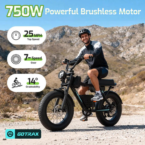 Man riding R7 Electric Bike For Adults With 750W Motor Top Speed 25 MPH Up To 50 Mile Range Per Charge 20 Inch Fat Tires UL Certified