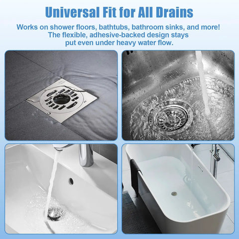30 Pack Premium Self Adhesive 4.3 Inch Shower Drain Hair Catcher Mesh Strainer Adhesive Pad clogging prevention in use on various drains.