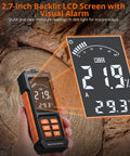 Professional Pin Moisture Meter Tailored With Dual Settings For Wood Lumber And Drywall Panels Alongside Standard Construction Frames Using Rugged Alloy Needle Probes That Hit Dead On Percentages For Weekend Warriors And Pros displaying a 2.7-inch LCD screen on wooden background.