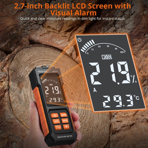 Professional Pin Moisture Meter Tailored With Dual Settings For Wood Lumber And Drywall Panels Alongside Standard Construction Frames Using Rugged Alloy Needle Probes That Hit Dead On Percentages For Weekend Warriors And Pros displaying a 2.7-inch LCD screen on wooden background.