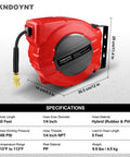 Retractable Air Hose Reel With One Quarter Inch By Fifty Feet Hybrid Polymer Hose, Auto Rewind, Wall Mount shown with specs