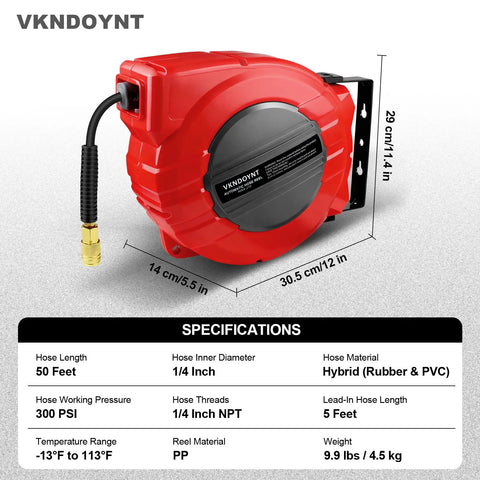 Retractable Air Hose Reel With One Quarter Inch By Fifty Feet Hybrid Polymer Hose, Auto Rewind, Wall Mount shown with specs