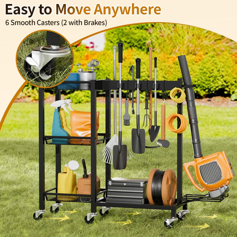 3 In 1 Cleaning Organizer Cart With Wheels And Vacuum Stand, holding tools and cleaning supplies, 3 tier shelves, on grass