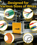No Sweat Heavy Duty Wire Stripper Machine For Copper Cable 3 To 17 MM and Drill Compatible Stripping Tool showing various wire types.