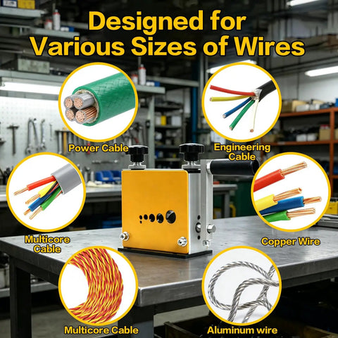 No Sweat Heavy Duty Wire Stripper Machine For Copper Cable 3 To 17 MM and Drill Compatible Stripping Tool showing various wire types.