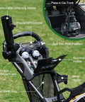 Hardcore Lightweight Foldable Golf Push Cart With Zero Hassle Quick Release Frame And Smooth 360 Rotating Front Wheel Adjustable Handle with umbrella and storage features.