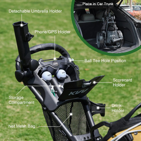 Hardcore Lightweight Foldable Golf Push Cart With Zero Hassle Quick Release Frame And Smooth 360 Rotating Front Wheel Adjustable Handle with umbrella and storage features.