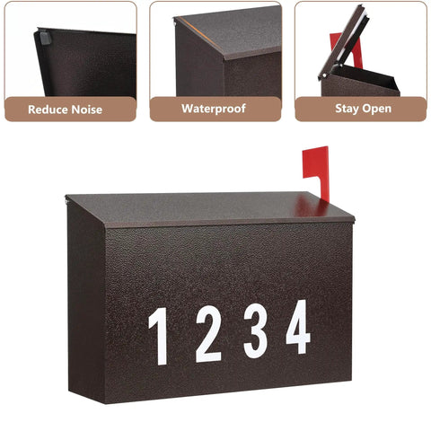 Wall Mount Mailbox With Flag Kit And 0 To 9 Number Stickers, Galvanized Steel Built Tough Rust Proof Outdoor Post Box In Bronze Finish