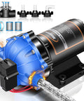 12 Volt RV Fresh Water Pump With Five Chamber Self Priming Diaphragm, delivers 7 GPM at 70 PSI, shown with attachments.