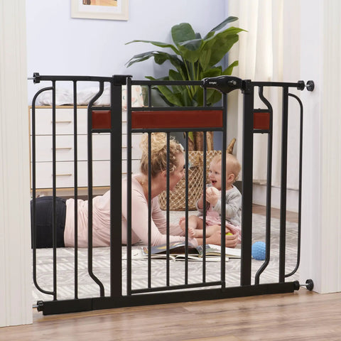 Extra Wide Baby Gate For Doorways And Stairs, 30 To 41.5 Inches, Pressure Mounted Wood Gate With Door in use with child and parent