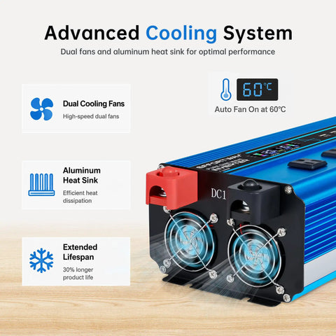 Advanced cooling system of Straight Up 3000 Watt Pure Sine Wave Inverter, featuring dual cooling fans and aluminum heat sink.