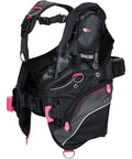Pro HD Dive BCD For Women With SURELOCK II Weight Release System, shown in black and pink, featuring adjustable straps