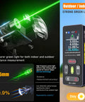 2 In 1 Green Laser Distance Measurer With Cross Line Level For Quick Indoor Outdoor Measuring, 328 Feet Range, Dual Green Lasers For Easy Layouts And Precise Marking, Accuracy Up To 1.5mm. device shown with green laser beam and display