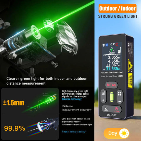 2 In 1 Green Laser Distance Measurer With Cross Line Level For Quick Indoor Outdoor Measuring, 328 Feet Range, Dual Green Lasers For Easy Layouts And Precise Marking, Accuracy Up To 1.5mm. device shown with green laser beam and display