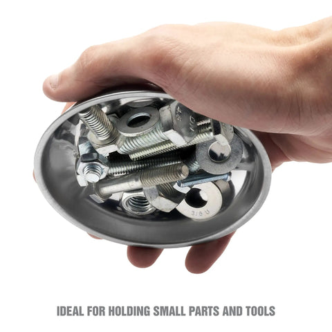 Hand holding magnetic dish with screws and bolts, part of Three Piece Magnetic Tray And Pick Up Tool Set With Magnetic Dish Extendable Tool.