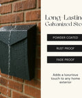 Heavy Duty Outdoor Wall Mount Mailbox Built To Last With Waterproof Rustproof Galvanized Steel 4.8 x 10 x 13 In Large Capacity Mail Box For House Weatherproof Wraparound Lid And Triple Leakproof Hinges mounted on brick wall under running water