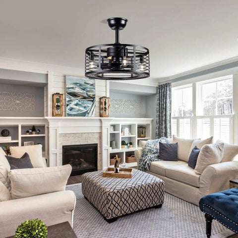 Dope Modern Enclosed Ceiling Fan With Remote Control, Black Caged Industrial Light Kit With 8 ABS Blades Inside Cage in living room