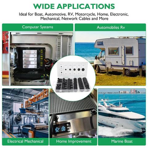 Various applications for Pro Grade Rubber Grommets Kit For Automotive Wiring, 170 Pcs, shown in use for RVs, boats, and machinery