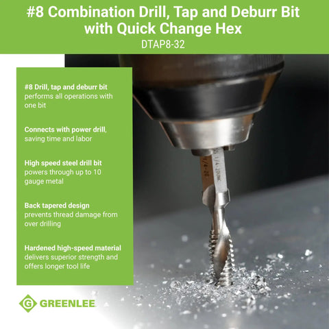 8-32 NC Do It All Combination Drill Tap Countersink Bit in power drill, detail view on metal surface with quick change hex.