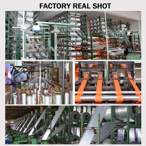 Heavy Duty Polyester Endless Round Sling production facility showing hoist lifting strap manufacturing process and equipment.
