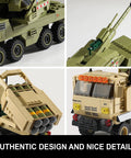 Detailed close-ups of Military Vehicle Building Kit Dual M142 HIMARS And Dana M2 Howitzer Army Truck Models with poseable parts.